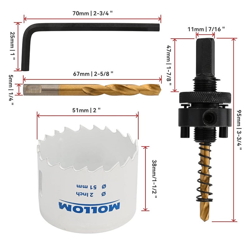 Mollom (51mm | 2") HSS M42 with 8% Cobalt BI-Metal Hole Saw with 2 Pilot Drill Bits & Arbor Smooth Cutting for PVC,Drywall,Wood,Plastic,Gypsum Board,Rubber - Image 2